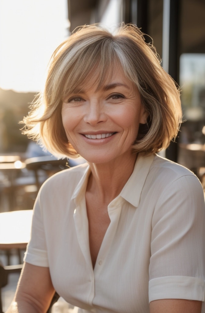 1. Layered Bob with Soft Fringe