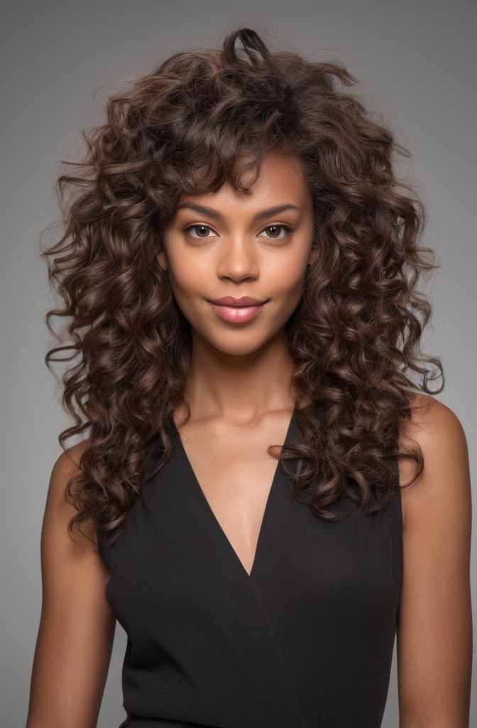 5. The Long Curly Shag with Layered Bangs