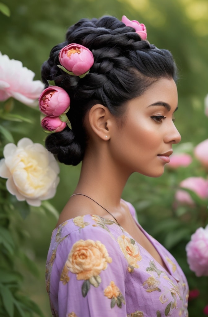 22. Braided Updo with Floral Accents