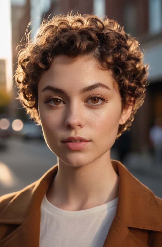 49. Curly Pixie with Curtained Sideburns