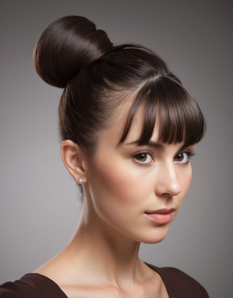 1. Soft Messy Bun with Wispy Bangs