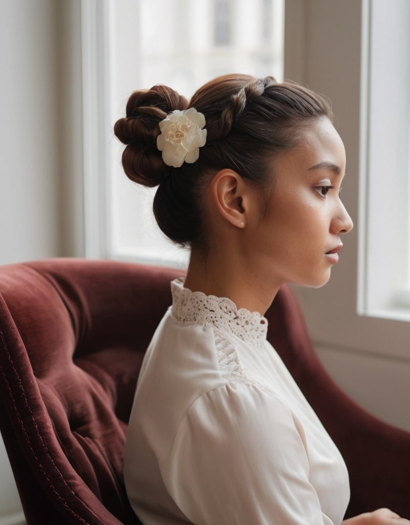 12. Low Braided Bun with Side Bangs