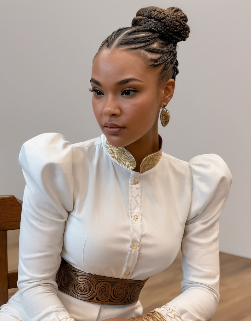 17. Braided Bun with Swooped Bangs and Edge Art