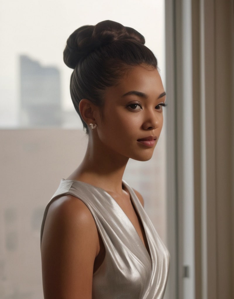 19. Twisted Updo with Center-Parted Bangs