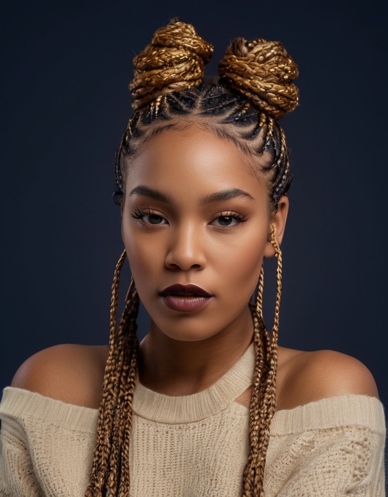 25. High Braided Bun with Long Bangs