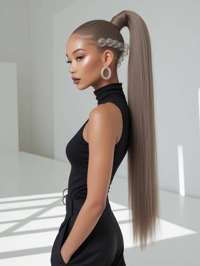 A tall woman with porcelain skin and long, straight ash-brown hair