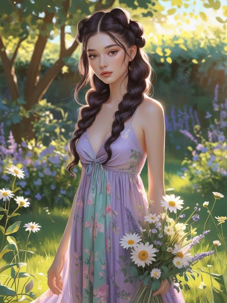 A young woman with cool ivory-toned skin and silky dark chocolate hair stands in a sunlit garden.i
